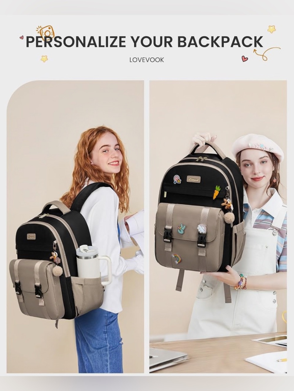 Two-Tone Black and Taupe Backpack - Picture 2 of 6